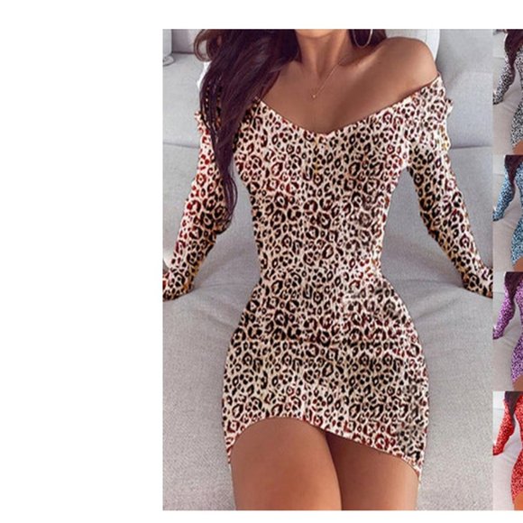 Sexy V-Neck Bodycon Leopard Print Sheath Dress Sz L Long Sleeve - Picture 2 of 8